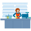 Cashier at  supermarket. Vector illustration in flat style