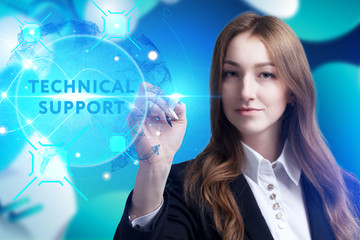 Business, Technology, Internet and network concept. Young businessman working on a virtual screen of the future and sees the inscription: Technical support