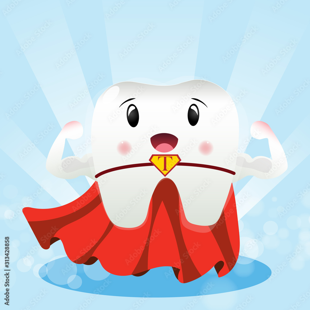 Cute cartoon with super teeth characters oral dental hygiene, children ...