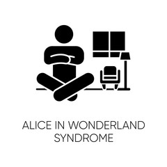 Poster - Alice in wonderland syndrome glyph icon. Visual perception. Size distortion. Dysmetropsia, disorientation. Rare mental disorder. Silhouette symbol. Negative space. Vector isolated illustration