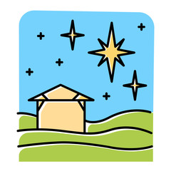 Sticker - Christmas star blue color icon. Christian holy night. Christmas eve. Starry sky and small house. Birth of Jesus Christ. Star of Bethlehem. Bible story. Isolated vector illustration