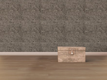 Empty Room Interior Mockup With Wooden Box, Gray Brick Wall And Parquet. 3D Rendering.
