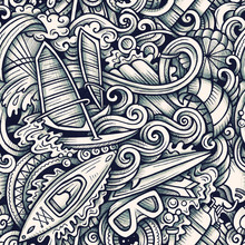 Water Extreme Sports Hand Drawn Doodles Seamless Pattern.