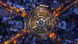 Road roundabout with car lots in Bangkok,Thailand. street large beautiful downtown at evening light.  Aerial view , Top view ,cityscape ,Rush hour traffic jam.