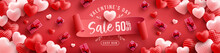Valentine's Day Sale 50% Off Poster Or Banner With Many Sweet Hearts And On Red Background.Promotion And Shopping Template Or Background For Love And Valentine's Day Concept.Vector Illustration Eps 10