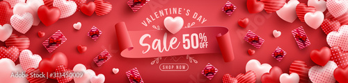 Fotografía Valentine's Day Sale 50% off Poster or banner with many sweet hearts and on red background