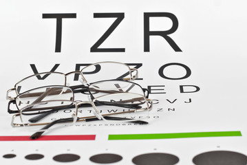 Poster - Glasses on a white background. Background with letters for vision test. Many glasses are dropped.