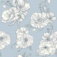 Wall Mural - Poppies seamless pattern blue background