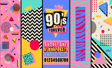 90s and 80s poster. retro style textures and alphabet mix. aesthetic fashion background and eighties