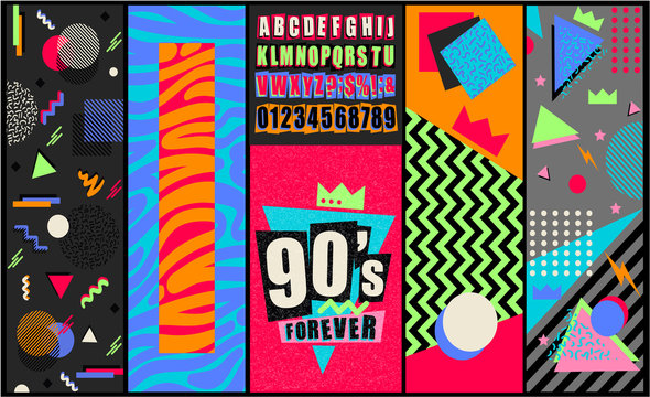 90s and 80s poster. retro style textures and alphabet mix. aesthetic fashion background and eighties