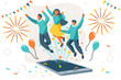 Company contract greeting, successful agreement idea. Friendship to success, friend congratulation. Joy to flying joyful on the air to celebrate an achievement. Young celebration leader. Flat vector.
