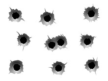 Bullet Holes. Realistic Bullet Traces, Circle Holes In Metal Wall. Military Shooting Range, Steel Rip Grunge Texture, Vector Set