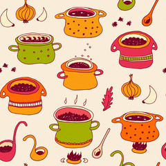 Cooking pots vector seamless pattern in doodle style, isolated on white background, kitchen cookware hand drawn illustration with soup pots, spoons, spices