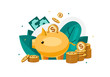 Piggy bank with falling gold coins and dollars. Flat style vector illustration. Concept of saving money or opening a bank deposit.