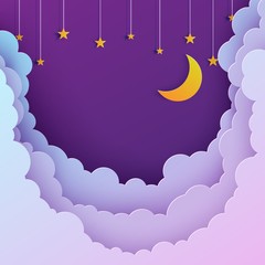 Wall Mural - Night sky in paper cut style. Cut out 3d background with violet and blue gradient cloudy landscape with stars and moon papercut art. Cute origami clouds. Vector card for wish good night sweet dreams.