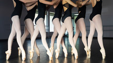 Group Of Seven Ballet Dancers In Dance Studio Practicing As A Team