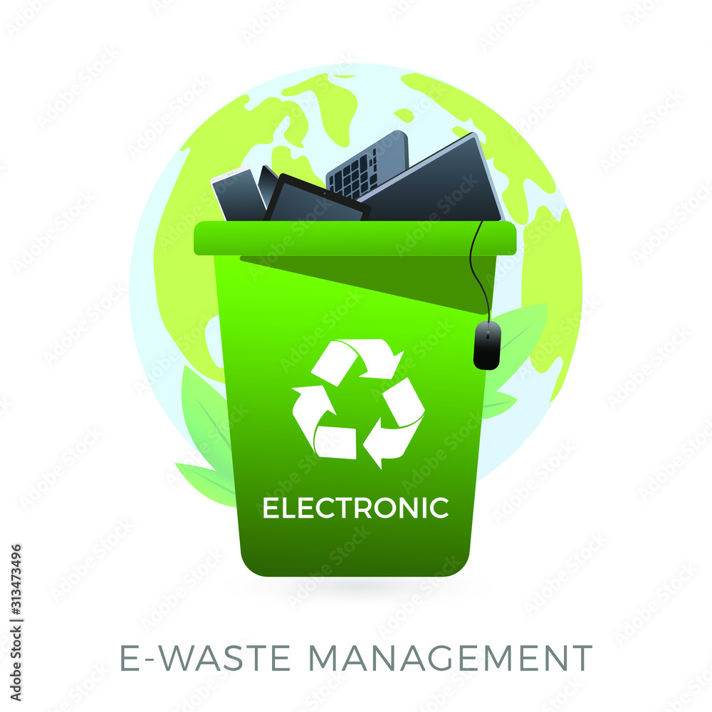 E-waste management concept - waste recycle container bin with old electronic equipment - laptop, phone, keyboard, mouse, computer. Vector illustration icon in flat style isolated on white background