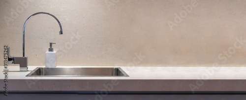 Fotomural Kitchen sink and water tap banner, copy space, front view.