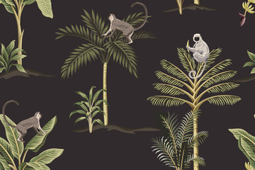 Sticker - Tropical vintage night botanical landscape, green palm tree, sloth, monkey floral seamless pattern dark background. Exotic jungle wallpaper.