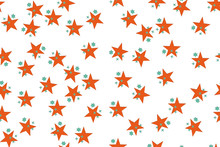 Seamless Simple Geometric Pattern With Many Stars. Raster Repeating Texture Of Lush Lava Orange And Aqua Menthe Mint Stars. Best For Greeting Card, Textile, Cloth, Banner Or Wrapping Paper