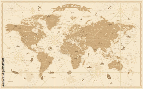 Fotomural World Map Vintage Cartoon Detailed - vector