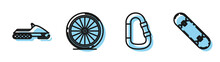 Set Line Carabiner, Snowmobile, Bicycle Wheel And Skateboard Trick Icon. Vector