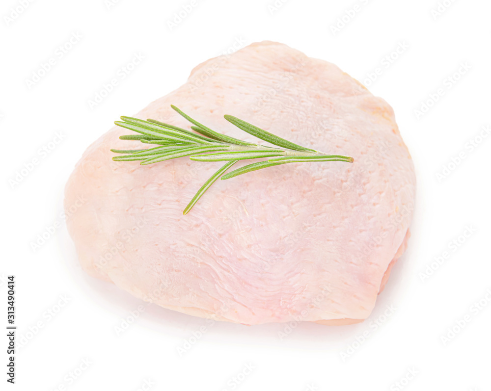 Raw chicken thigh on white background