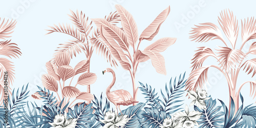 Tropical 6x8 FT Backdrop Photographers,Exotic Nature Botanical Artwork with Leaves and Flamingo Watercolors Artwork Background for Baby Shower Bridal Wedding Studio Photography Pictures Green Pink Bl