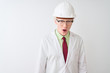 © Krakenimages.com - Albino scientist man wearing glasses and helmet standing over isolated white background afraid and shocked with surprise expression, fear and excited face.