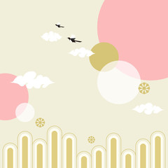 Korean traditional vector illustration. Magpie with cloud and mountain pattern.