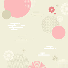 Wall Mural - Korean traditional vector illustration. Pink circles, clouds, flowers background.