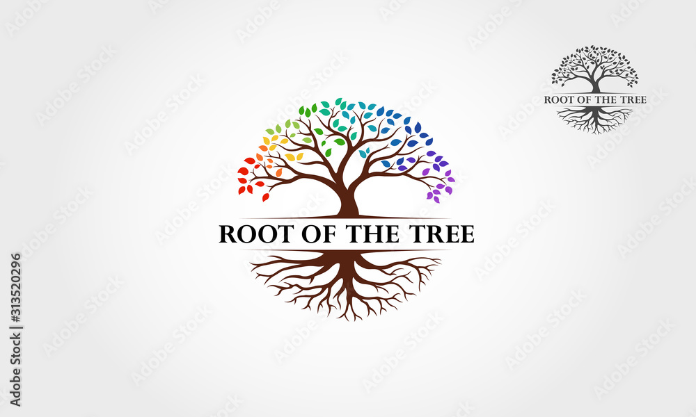 Root Of The Tree Rainbow - vector logo illustration. This logo symbolize a protection, peace,tranquility, growth, and care or concern to development. - obrazy, fototapety, plakaty 