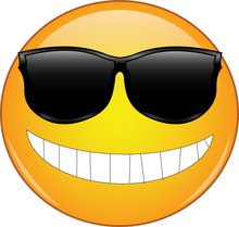 Cool Emoji In Sunglasses. Yellow Smiling Face Emoticon Wearing Sunglasses And Having Wide Smile Showing All Teeth. Expression Of Being Cool, Awesome, Happy, Smiling And Enjoying Life.