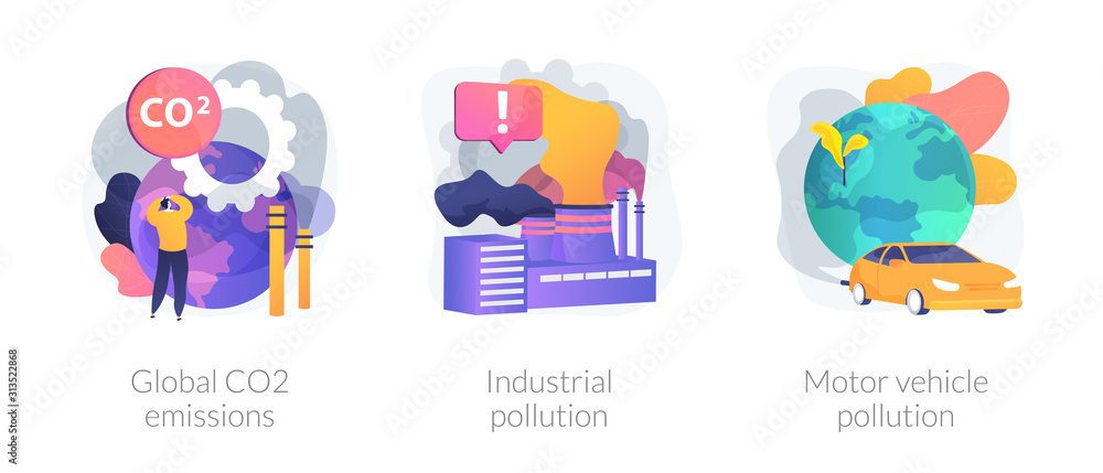 Plant and factory harm. Toxic chemical industry. Car smoke. Global CO2 emissions, industrial pollution, motor vehicle pollution metaphors. Vector isolated concept metaphor illustrations - obrazy, fototapety, plakaty 