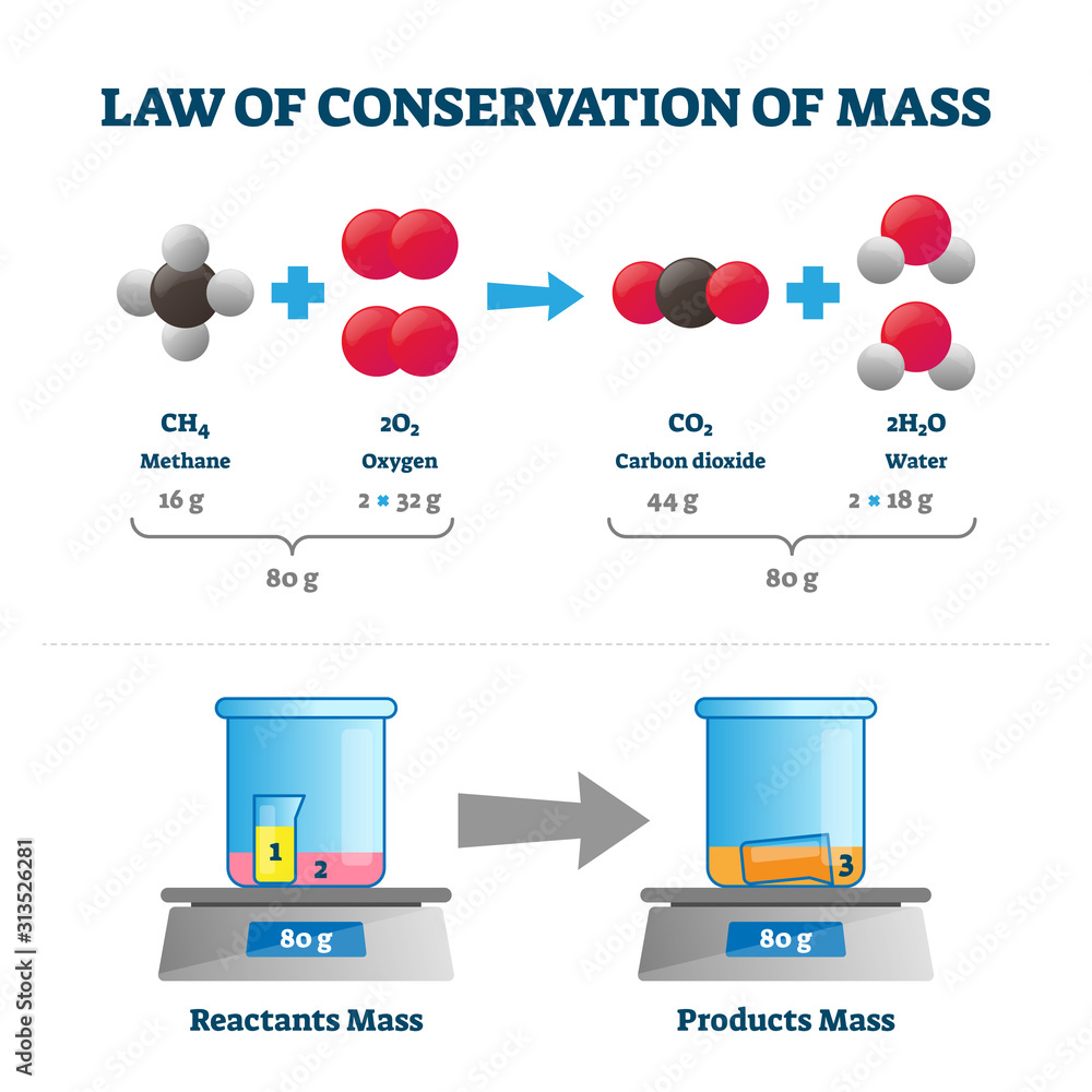 Law of conservation of mass vector illustration. Labeled educational scheme  Stock Vector | Adobe Stock, image size:1000x1000
