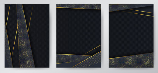 Carbon luxury abstract background with black overlap layers. Texture carbon with luxury golden glitters dots. Trmplate for cover of brochure, flyer, catalod. Set of backgrounds.