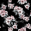 Fashionable dark floral pattern of Apple flowers. Botanical motifs are scattered randomly. Seamless background for fashionable prints in a hand-drawn style on a black background.