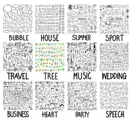 Wall Mural - Big set collection of doodle Bubble, House, Summer, Sport, Travel, Tree, Music, Wedding, Business, Heart, Party, Speech eps10