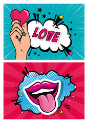 Wall Mural - set of hand with heart and mouth pop art style vector illustration design