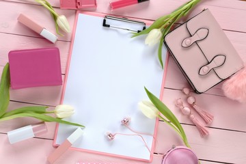 Sticker - Spring Fashion Flat Lay. Spring To Do List.Blank blackboard, cosmetics, accessories, handbags , white tulips on a pink wooden background.top view, copy space.