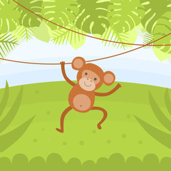 Sticker - Cute Monkey Hanging on a Vine in Tropical Forest Vector illustration