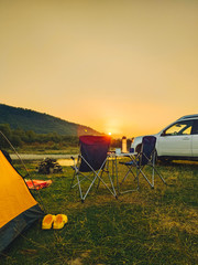 Wall Mural - car travel concept camping place near mountains river