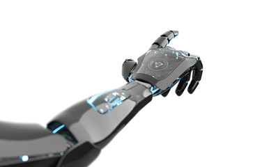 Fototapete - Black and blue intelligent robot cyborg arm pointing finger on dark 3D rendering