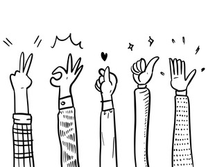 Wall Mural - applause, thumbs up, Korean hand gestures on doodle style , vector illustration