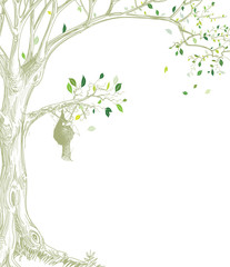 Wall Mural - Birds nests on the branches of a tree. Leaves, feathers, wings, eggs. Environment, nature,Hand drawn illustration