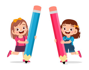 happy cute kid girl holding big pencil