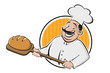 funny cartoon sign of a baker holding a delicious bread