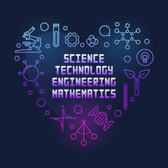 Poster - STEM colored vector heart. Science, Technology, Engineering and Mathematics linear illustration on dark background