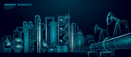 Petroleum oil refinery complex low poly business concept. Finance economy polygonal petrochemical production plant. Petroleum fuel industry will pipeline. Ecology solution blue vector illustration