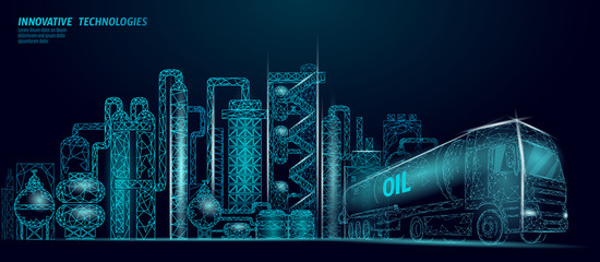 Petroleum oil refinery complex low poly business concept. Finance economy polygonal petrochemical production plant. Petroleum fuel industry truck. Ecology solution blue vector illustration